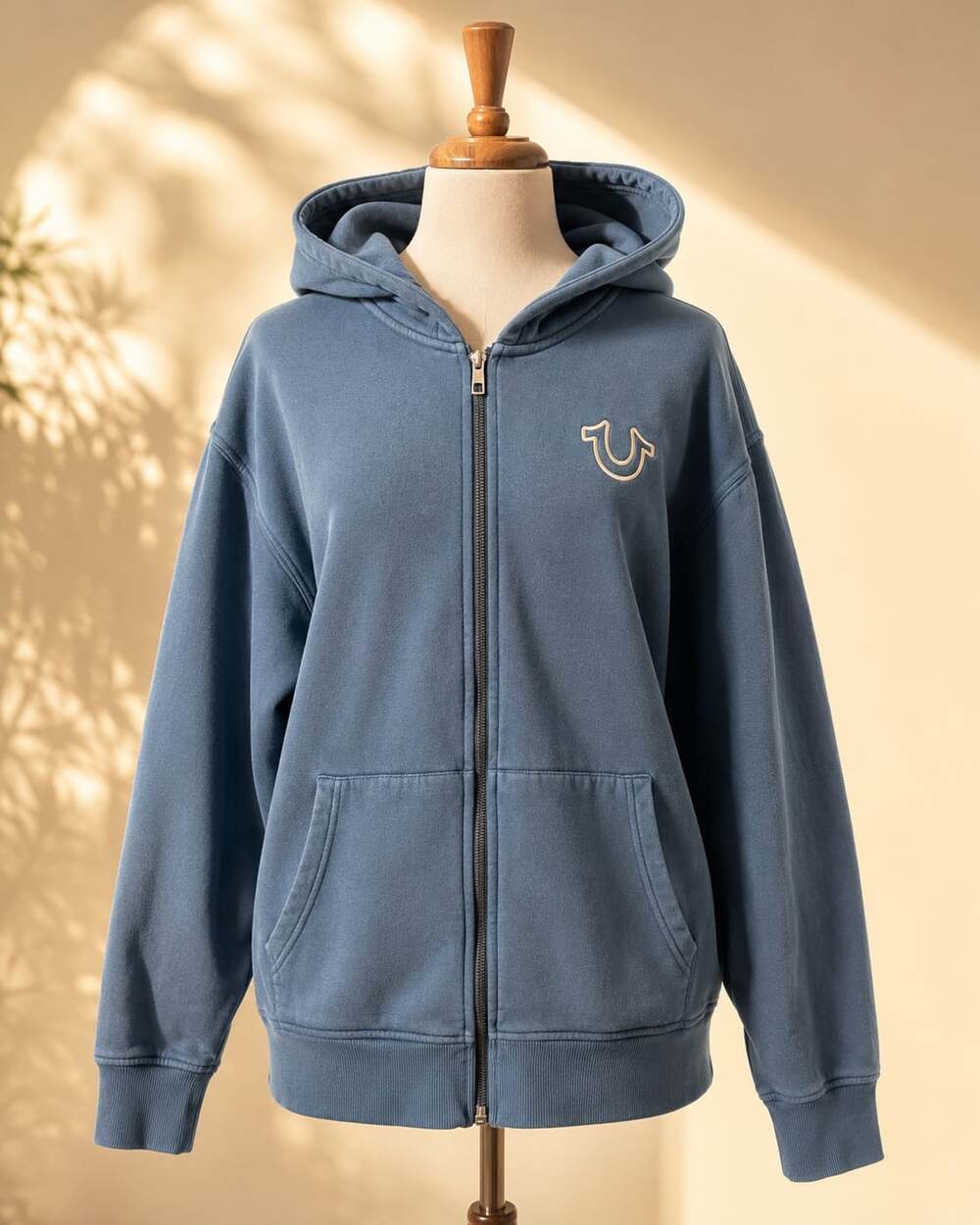 True Religion XL Full Zip Hoodie Buddha Guitar Graphic Blue Y2K Streetwear